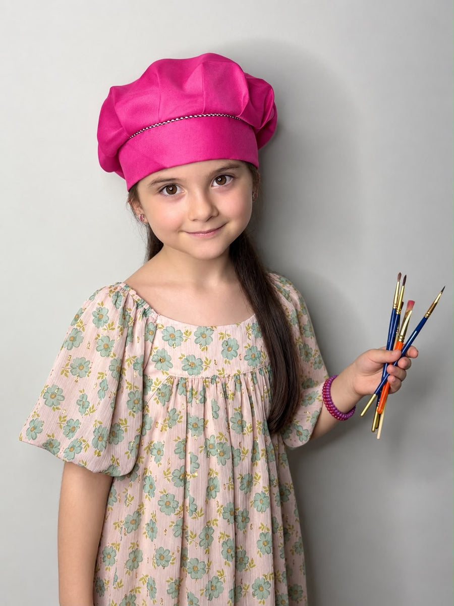 Martine holding her paintbrushes, ready to paint