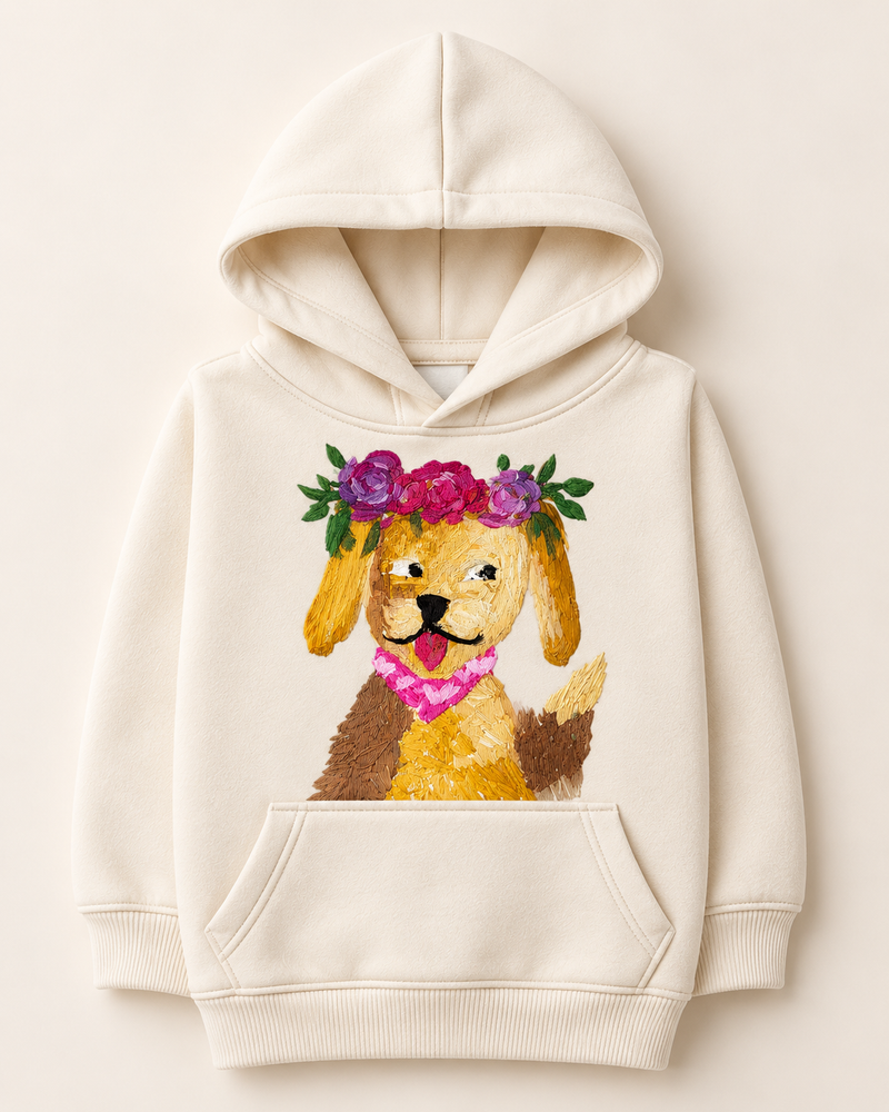 Patapuf Hoodie in cream, front view, embroidered dog in flower crown on the pocket
