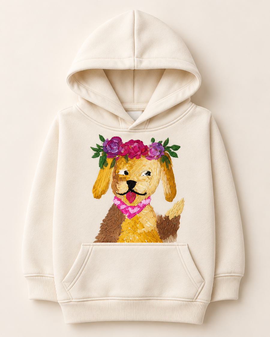 Patapuf Hoodie in cream, front view, embroidered dog in flower crown on the pocket