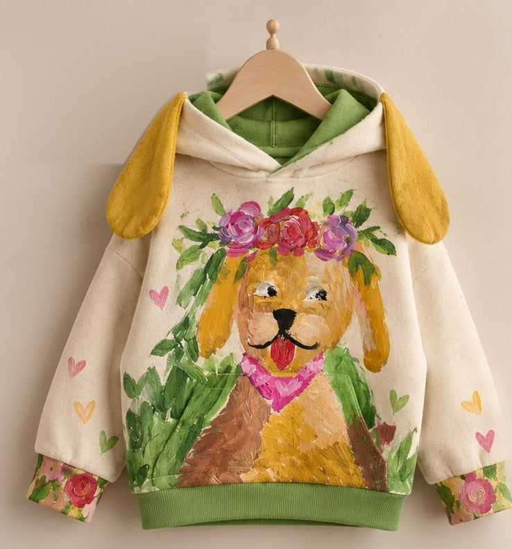 Patapuf Special Edition Hoodie, cream hoodie with Martine's painting of Patapuf on the front, yellow ears, painted rose cuffs